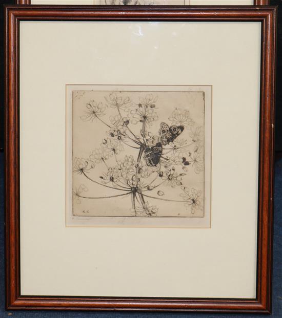 Katherine Cameron (1874-1965) Fairy beside a rose and Butterflies and flowers, 12.5 x 4.5in. and 6.5 x 6.75in.